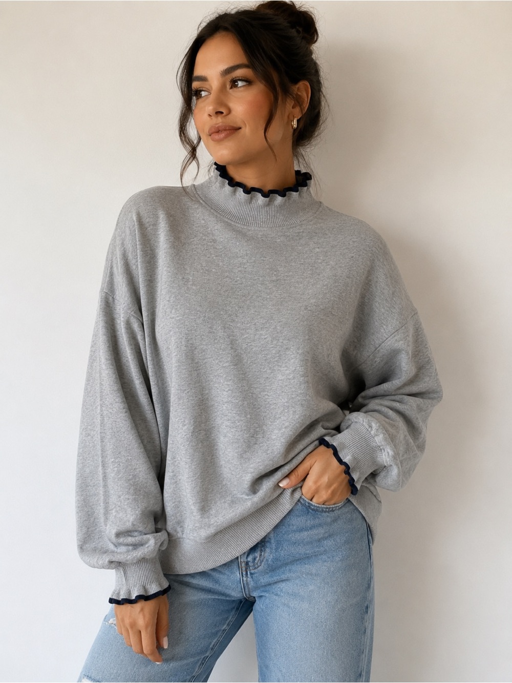 Boden Light Gray Pullover Sweater with Black Ruffle Trim - Picture 1 of 8